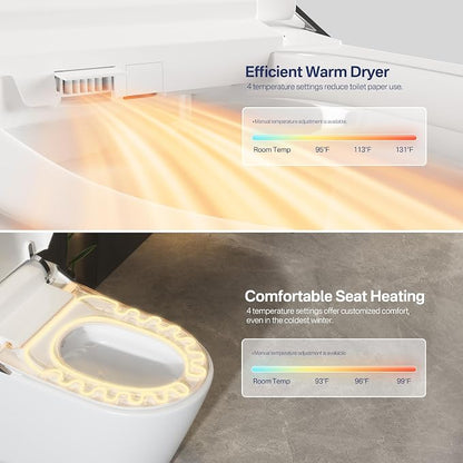 One Piece Smart Bidet Toilet, Auto Lid, Foam Shield, Wash & Dry | Foot Sensor, Heated Seat, Instant Warm Water, Adjustable Wash Settings, Self Cleaning Wand, Auto Flush, Pre Wet, Night Light