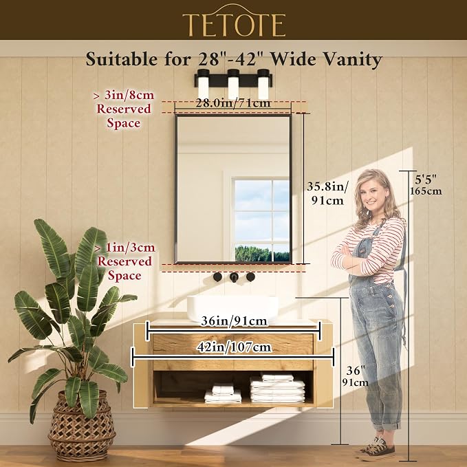 Black Mirror for Bathroom Sink 28" x 36" Matte Black Beveled Metal Frame Bathroom Vanity Rectangle Mirror for Wall, Modern Farmhouse, Tempered Glass, Shatterproof, Stronger Frame