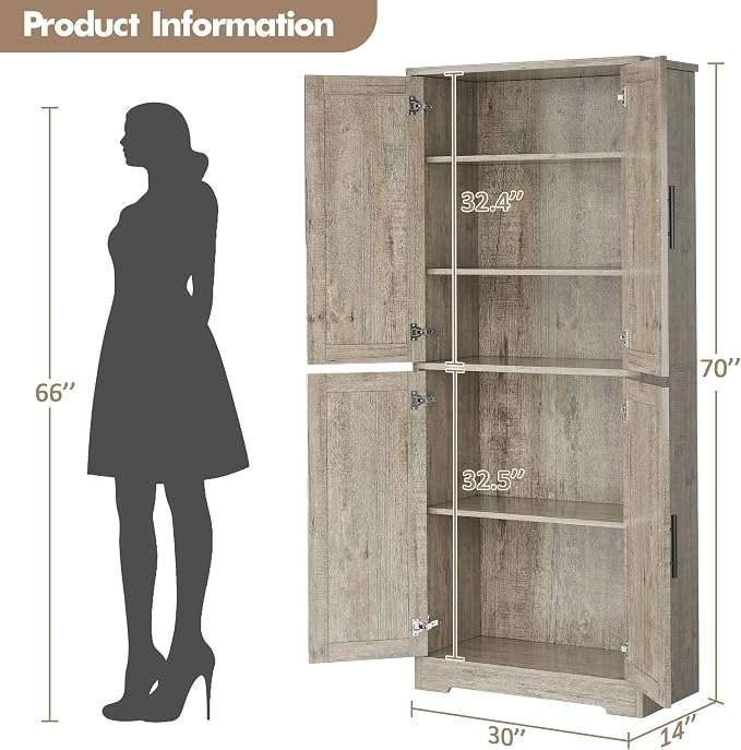 Garvee Kitchen Pantry Cabinet, 70 Inch Tall Storage Cabinet | with Doors and Adjustable Shelves, Freestanding Wooden Classic Cupboard for Living Room, Dining Room, Bathroom
