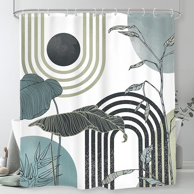 Glawry Green Teal Blue Abstract Shower Curtain Mid Century Boho Retro Tropical Palm Tree Leaves Sun Arch Modern Bathroom Geometric 60Wx72L Inches Bath Accessories Art Home Decor Fabric 12 Pack Hooks