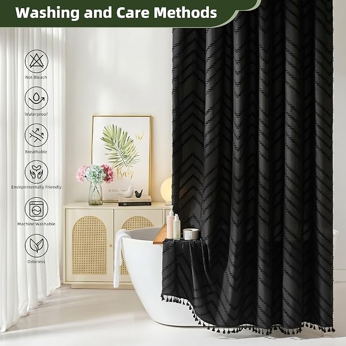 Siiluminisoy Stall Boho RV Shower Curtain Black Tassel Woven Fabric Short Shower Curtain 48 x 64 Modern Farmhouse Textured Tufted Chevron Striped Minimalist Bathroom Shower Curtain