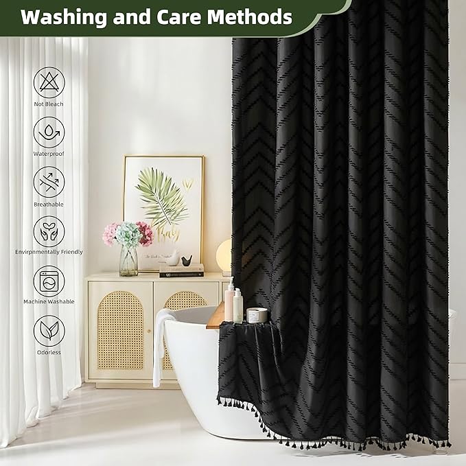 Siiluminisoy Boho Shower Curtain Black Tassel Woven Fabric Shower Curtain 54 x 78 Modern Farmhouse Textured Tufted Chevron Striped Minimalist Bathroom