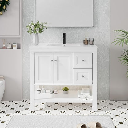eclife 36" Bathroom Vanity with Sink Combo, Modern Painted Vanities Cabinet w/Wide Opening Storage Shelf, 2 Drawers, Soft Closing Doors and Undermount White Sink Faucet Drain, White