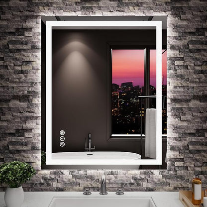 LED Mirror for Bathroom, 24"x30" with Front Light and Backlight | Stepless Dimmable, Anti-Fog, Shatter-Proof, HD Reflection, Memory, 3 Colors Lighting, UL Listed (Horizontal/Vertical).