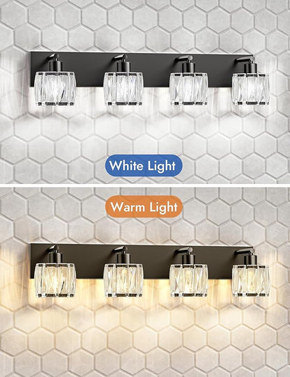 VOLISUN Crystal Vanity Lights for Bathrooms, 4 Light Bathroom Vanity Light, Modern Matte Black Bathroom Light Over Mirror, Black Bathrooms Lights Fixtures-UL Certificated(Exclude Bulb)