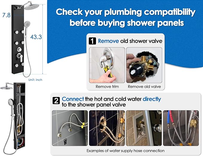 ROVOGO Shower Panel Tower System With Height Adjustable Shower Head, Black | Self-Cleaning Rain Shower and Handheld, 6 Body Jets, Brass Shower Arm and Valves, Stainless Steel Shower Column 43.3 inch