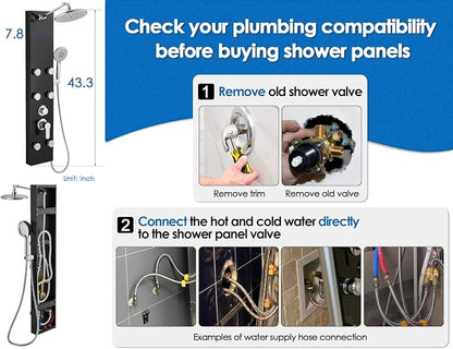 ROVOGO Shower Panel Tower System With Height Adjustable Shower Head, Black | Self-Cleaning Rain Shower and Handheld, 6 Body Jets, Brass Shower Arm and Valves, Stainless Steel Shower Column 43.3 inch