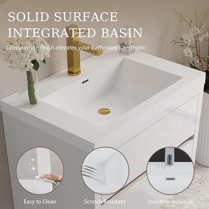 Modern 30" Wall-Mounted Bathroom Vanity with Sink | Floating Storage Cabinet, Stone Resin Countertop, Soft Close Drawers | Glossy White