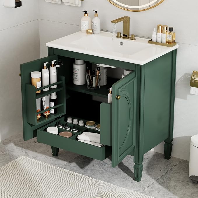 Christopher Knight Home Benton 30" Bathroom Vanity with Ceramic Sink, Wood Frame, Adjustable Shelves, Soft Close Door Hinges, Storage Cabinet with 2-Tier Door Organizer, 1 Drawer, Green
