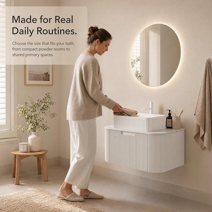 30 Inch Bathroom Vanity with Sink, Floating Wall Mounted Single Sink Vanity, White Curved Fluted Front, Stone Top, White Textured Rectangular Vessel Basin, Pre-Assembled
