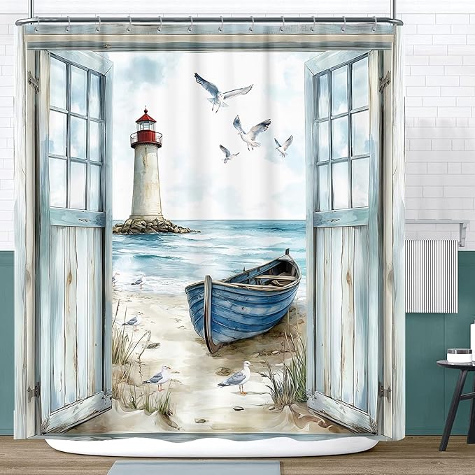 Coastal Beach Shower Curtain, Nautical Lighthouse Sailboat Ocean Seaside Seascape Shower Curtain Set, Rustic Barn Door Seashore Fabric Boho Shower Curtain for Bathroom 12 Hooks, 72"×72" Turquoise Teal