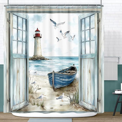 Coastal Beach Shower Curtain, Nautical Lighthouse Sailboat Ocean Seaside Seascape Shower Curtain Set, Rustic Barn Door Seashore Fabric Boho Shower Curtain for Bathroom 12 Hooks, 72"×72" Turquoise Teal