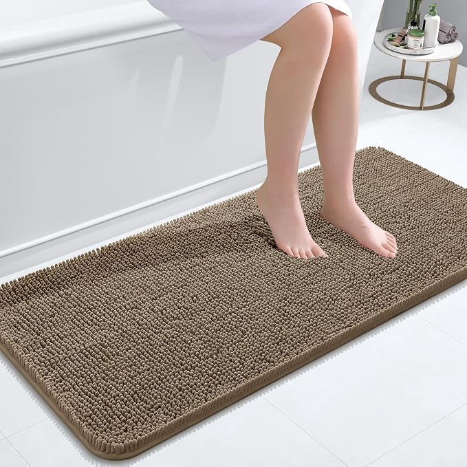 OLANLY Bathroom Runner Rugs 47x20, Extra Soft Absorbent Chenille Bath Rugs | Tan, Quick-Drying Rubber Backing, Machine Washable Long Bath Mat for Bathroom Floor, Tub and Shower, Home Decor Accessories