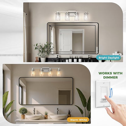 DORESshop 4-Light Vanity Light Fixtures, Chrome Bathroom Light Fixtures Over Mirror with Clear Glass Shade, Modern Vanity Lights for Living Room Bedroom