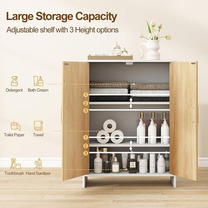 Bathroom Storage Cabinet, Floor Cabinet with 2 Fluted Doors and 2 Adjustable Shelves Wooden Freestanding Organizers and Storage, White