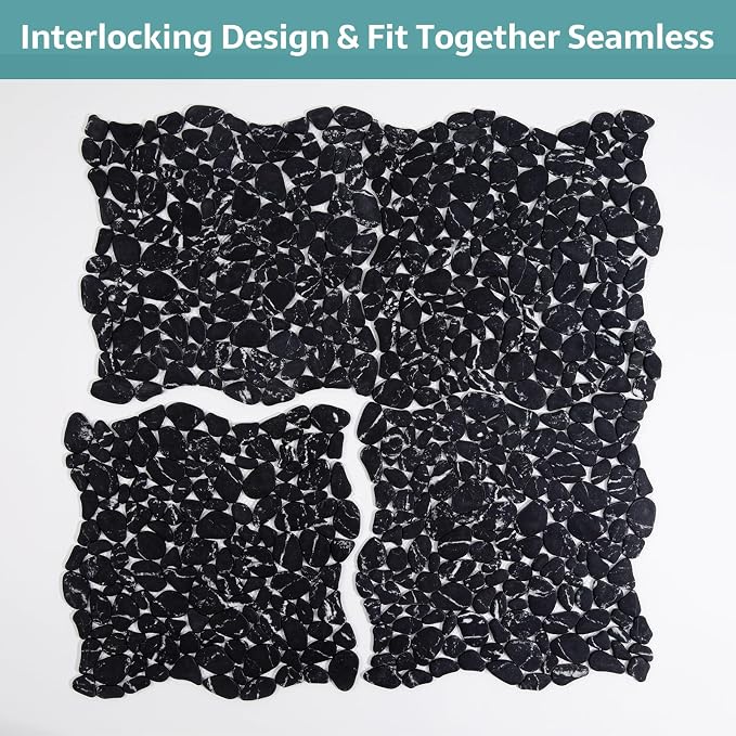 Pebble Tile, Pebble Tiles for Shower Floor Kitchen Backsplash Bathroom Black Marble Stone Look Wall and Floor Tile, 10 Sheets