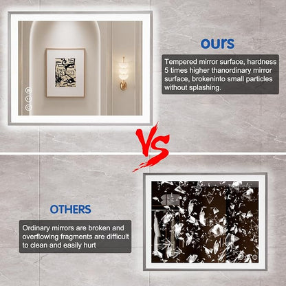 36x36 Inch LED Bathroom Mirror with Silver Frame | Silver Metal Frame, Front and Backlit, 3 Colors, Dimmable, Memory, Anti Fog, Tempered Glass, Lighted Mirror for Wall