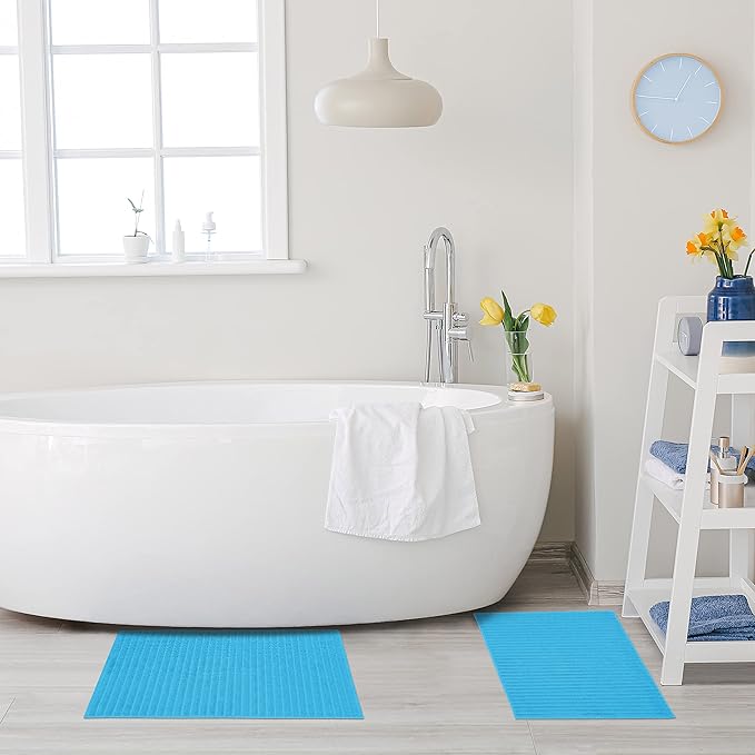 Superior Striped Bath Mat 2-Pack, 100% Combed Cotton, Luxury Spa Ribbed Texture, Durable and Washable Bathroom Mats - Aster Blue, 22" x 35" each