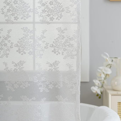 TUDECO White Lace Shower Curtain with Attached Valance, 72W x 84L Inch | Extra Long, Tall Bathroom Curtain, Cottage Core Style, Vintage Floral, Scalloped Edges, Brightens Space, Semi Privacy