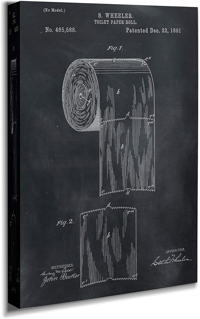 Renditions Gallery Toilet Paper Patent Drawing Gallery Wrapped Canvas Wall Art, 18x27, Black Chalkboard