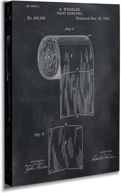 Renditions Gallery Bathroom Canvas Wall Art Toilet Paper Patent Drawing Prints Wall Decor, 12" H x18 W, Black Chalkboard (WC03-IHB23-R)