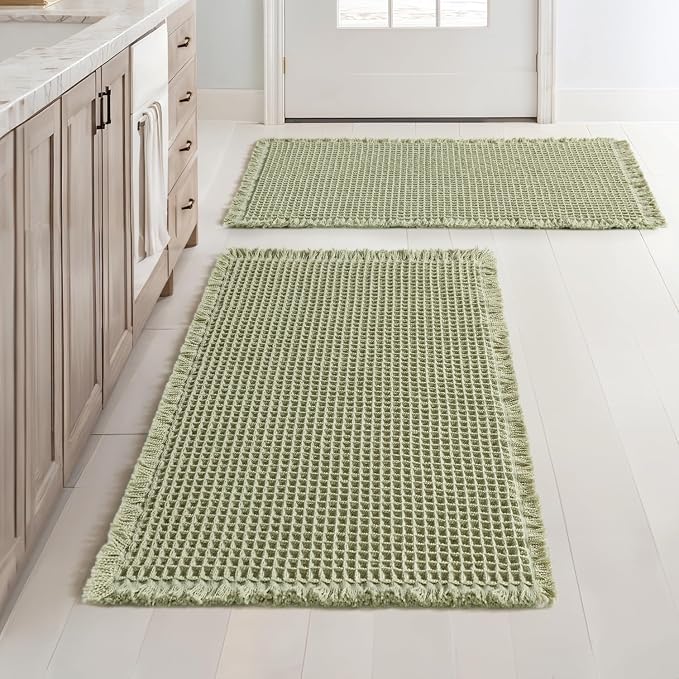 MIULEE Set of 2 Waffle Bathroom Rugs Boho Bath Mat Sage Green 18x30 Inch | Non Slip, Super Absorbent, Washable, Ultra Soft, Rubber Backed Bath Rugs for Bathroom Floor Tub Shower