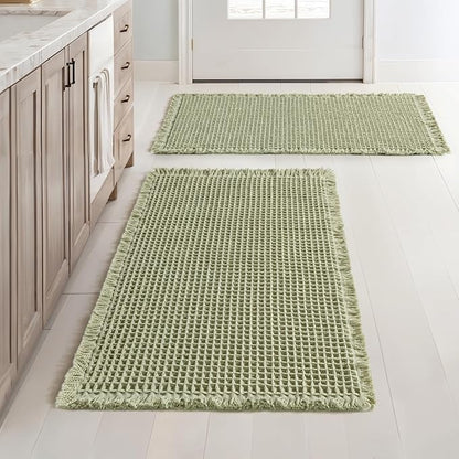MIULEE Set of 2 Waffle Bathroom Rugs Boho Bath Mat Sage Green 20x32 Inch | Non Slip, Super Absorbent, Washable, Ultra Soft, Rubber Backed Bath Rugs for Bathroom Floor Tub Shower