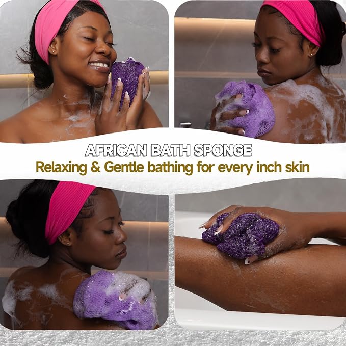 Authentic African Net Sponge,2 Pack 45-In Exfoliating Bath Sponge and Shower Loofah for Body and Back,Colorfast Quick-Dry Knotted Mesh Scrubber with Travel Pouch(Deep purple&Iavender Purple)