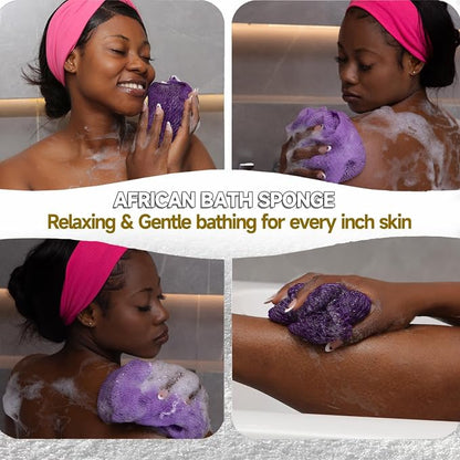 Authentic African Net Sponge,2 Pack 45-In Exfoliating Bath Sponge and Shower Loofah for Body and Back,Colorfast Quick-Dry Knotted Mesh Scrubber with Travel Pouch(Deep purple&Iavender Purple)