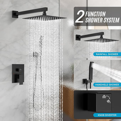 10" Square Rain Shower Faucet Set, Wall Mount, Matte Black | 304 SS , air tech boosts pressure 50%, dual spray, anti-fingerprint