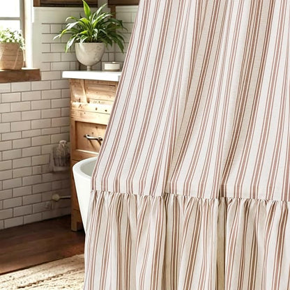 ORTIGIA Linen Textured Ruffle Shower Curtain 72x72 Inch with Metal Hooks, Vintage Cream-Brown Waterproof Bath Curtain for Rustic Farmhouse Bathroom Decor
