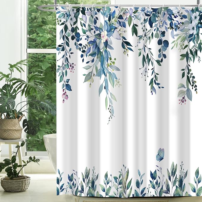 Dark Blue Floral Eucalyptus Shower Curtain with Hooks, 72x72 Inch | Waterproof Fabric, Watercolor Leaves and Floral, Botanical Style, Machine Washable, Quick-Drying, for Hotel Bathroom