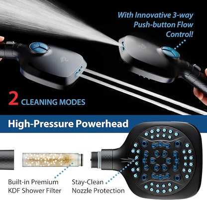 AquaCare 4X 10-Mode High Pressure Hand Shower w/Filter & 2-mode Power Wash | Filters Chlorine & Toxins, Softens Hard Water for Healthy Skin & Hair. Handheld Power Head Cleans Tub, Tile & Pets / Black