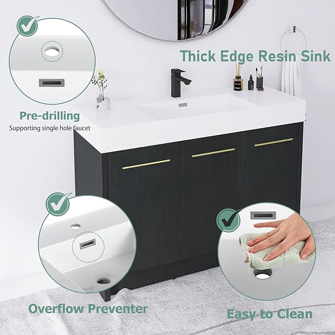 48 Inch Freestanding Bathroom Vanity,48" Bathroom Vanity with Sink,Modern Single Sink Vanity Combo,Black Floor Stand Cabinet Set