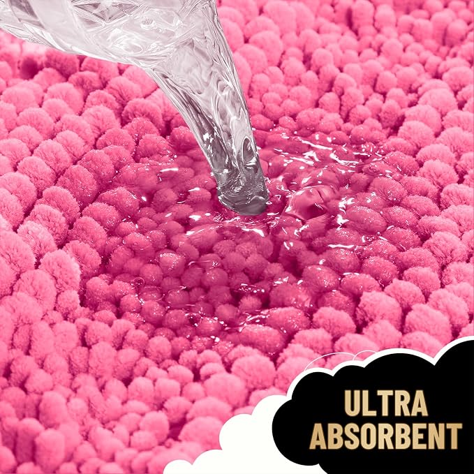 OLANLY Thick Bathroom Rugs 30x20, Soft Chenille Striped Bath Rugs, Hot Pink | Rubber Backing, Machine Wash, Extra Absorbent Bath Mats for Bathroom Floor, Tub and Shower, Home Decor Accessories