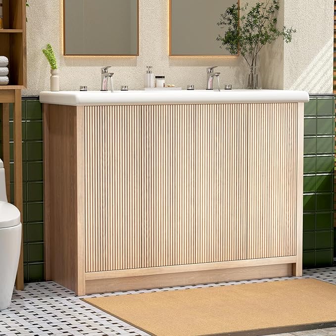48 Inch Bathroom Vanity with Ceramic Sink, Bathroom Sink Cabinet with 4 Fluted Doors, Double Sink Bath vanities Combo, Light Oak (20" D x 48" W x 36" H)