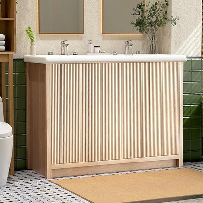 48 Inch Bathroom Vanity with Ceramic Sink, Bathroom Sink Cabinet with 4 Fluted Doors, Double Sink Bath vanities Combo, Light Oak (20" D x 48" W x 36" H)