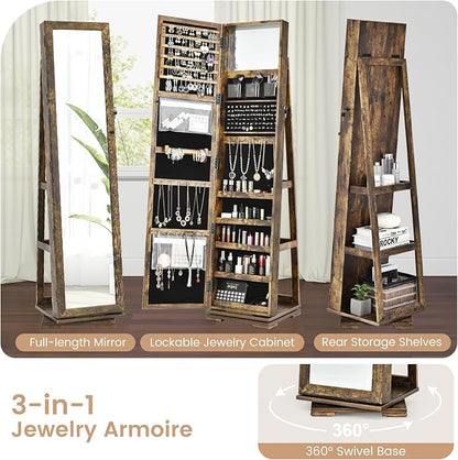 GOFLAME 360° Rotating Jewelry Armoire, Lockable Jewelry Cabinet with Full-Length Mirror & Inner Makeup Mirror, Standing Jewelry Storage Organizer with Rear Storage Shelves, Rustic Brown