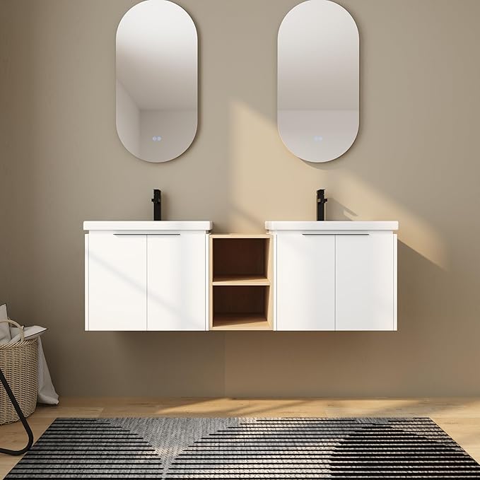 60 Inch Bathroom Vanity with Sink Combo,Wall-Mounted Bathroom Vanity with Soft Close Doors&Side Shelf,Modern Floating Bathroom Vanity with Top Basin & Storage Cabinet,White