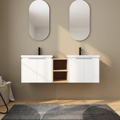 60 Inch Bathroom Vanity with Sink Combo,Wall-Mounted Bathroom Vanity with Soft Close Doors&Side Shelf,Modern Floating Bathroom Vanity with Top Basin & Storage Cabinet,White