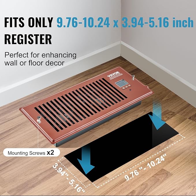 VEVOR Register Booster Fan, Quiet Vent Booster Fan Fits 4” x 10” Register Holes, with Remote Control and Thermostat Control, Adjustable 10-Speed for Heating Cooling Smart Vent, Brown