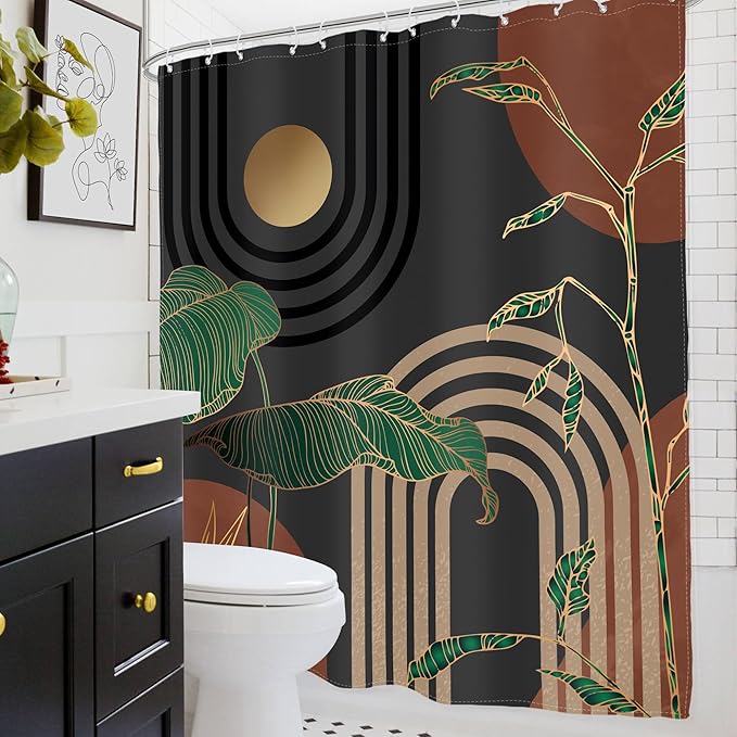 Glawry Dark Abstract Extra Long Shower Curtain Boho Mid Century Retro Tropical Palm Tree Sun Brown Modern Bathroom Simple Geometric 72Wx84L Inches Bath Accessories Art Home Decor Fabric 12 Pack Hooks