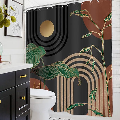 Glawry Dark Abstract Extra Long Shower Curtain Boho Mid Century Retro Tropical Palm Tree Sun Brown Modern Bathroom Simple Geometric 72Wx84L Inches Bath Accessories Art Home Decor Fabric 12 Pack Hooks