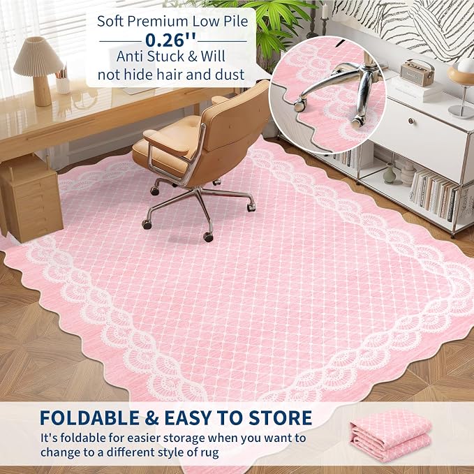 GarveeHome Washable Pink Rugs 2x6 Scalloped Kitchen Runner Rug Hallway, Non-Slip Bordered Bedside Rug, Non-Shedding Scalloped Carpet Runner for Laundry Room, Bedroom, Living Room, Pink