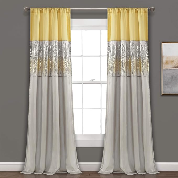 Lush Decor Night Sky Window Curtain Panel, Single 42"W x 84"L Yellow & Gray - Sequin Backdrop Curtain - Room Darkening Curtains For Bedroom - Glam Decor