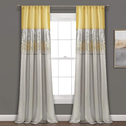 Lush Decor Night Sky Window Curtain Panel, Single 42"W x 84"L Yellow & Gray - Sequin Backdrop Curtain - Room Darkening Curtains For Bedroom - Glam Decor