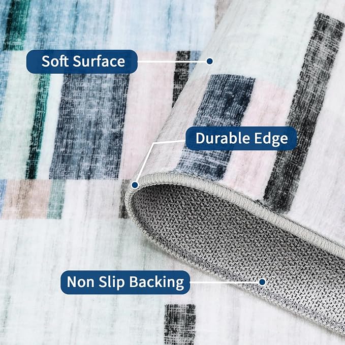 Washable Rugs 9x12 Area Rug for Bedroom Geometric Modern Rug Non Slip Throw Rugs Large Living Room Rug Low Pile Soft Stain Resistant Carpet for Nursery Dining Room 9'x12' Blue