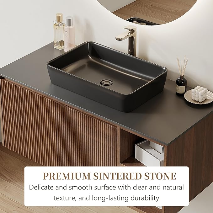 36" Modern Floating Bathroom Vanity with Single Sink - Wall Mounted Storage Bathroom Cabinet with Black Sintered Stone Countertop| Large Storage Space & Open Shelves, Dark Wood
