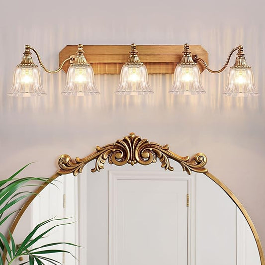 Gold Vintage Bathroom Light Fixtures, 5-Lights Bathroom Vanity Light, Antique Brushed Gold Lighting Fixtures Over Mirror with Crystal Glass Shade, Wall Sconce Lighting