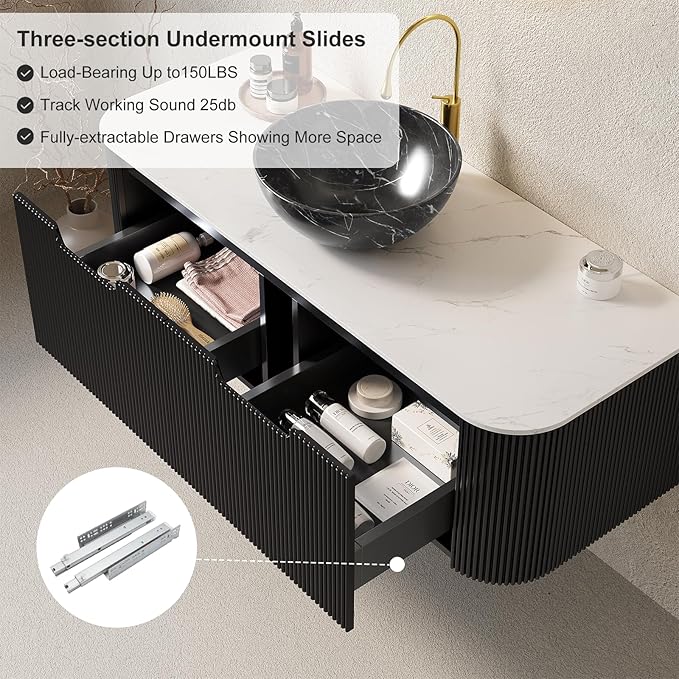 48" Floating Bathroom Vanity with Sink, Plywood Bathroom Vanities with Ultra-Thin Marble Ceramic Basin and Top, 2 Large Soft-Closing Storage Drawers, Pre-Assembled Cabinet, Gloss Black